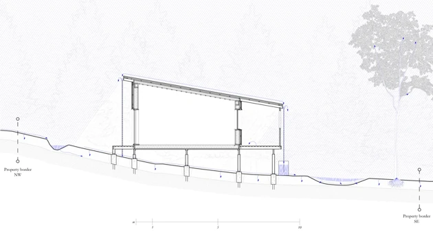 A drawing, plan for a building in a slope with drainage points