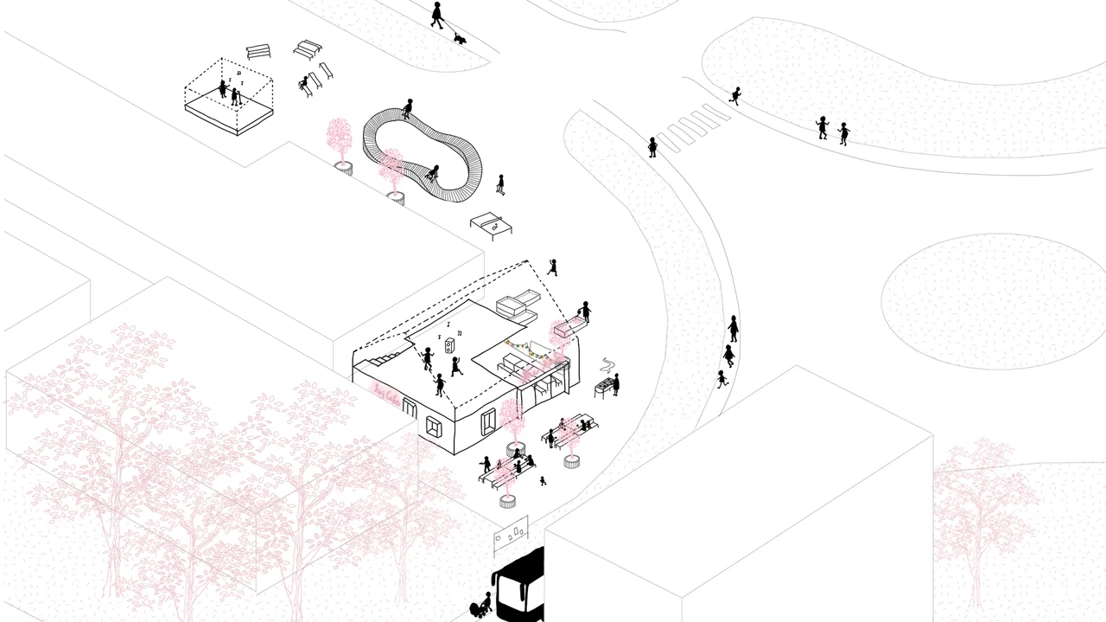 Illustration of the community hub building on site