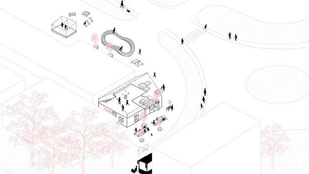 Illustration of the community hub building on site