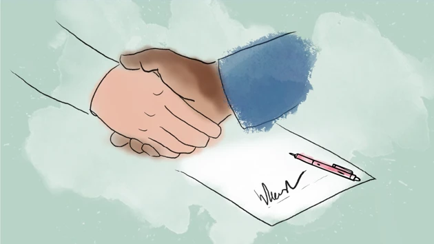 Illustration av ett handslag och en underskrift på ett pappersark.