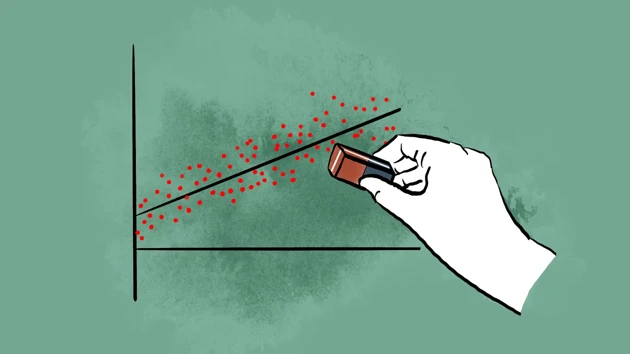 Illustration, en hand som suddar ut resultat på en graf.