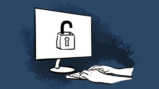 Illustration of hands on keyboard in front of a computer screen with an unlocked padlock.