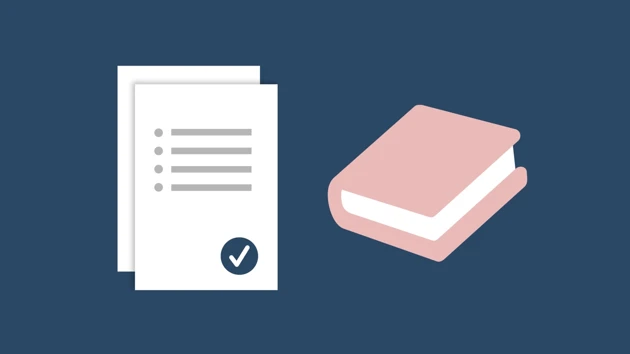 Two documents with a stamp for approval and a book.