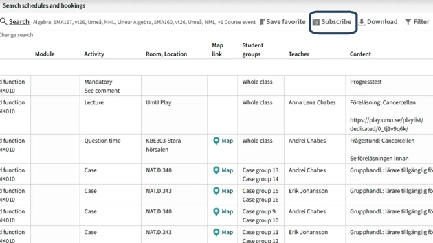 Screenshot of TimeEdit where the link to start subscribing to a schedule is marked in blue.