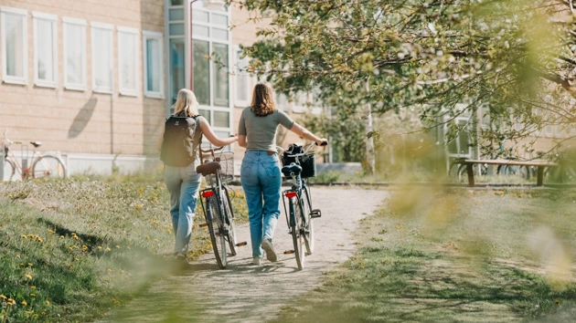 Två kvinnor går och leder varsin cykel på en grusväg.