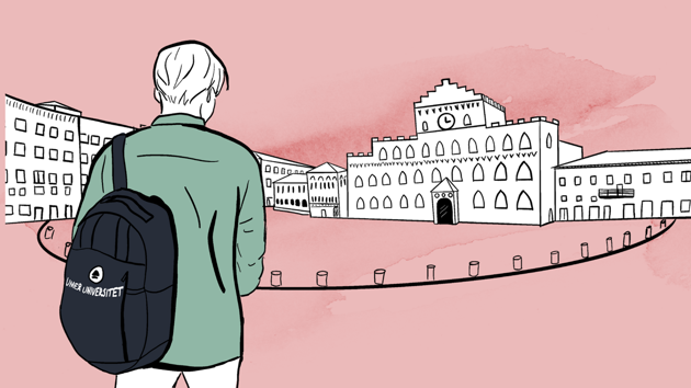 A person with a rucksack stands in front of a university building.