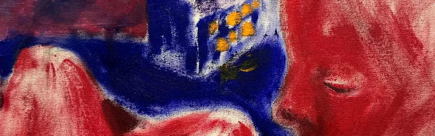 Painting in red and blue, girl and house.